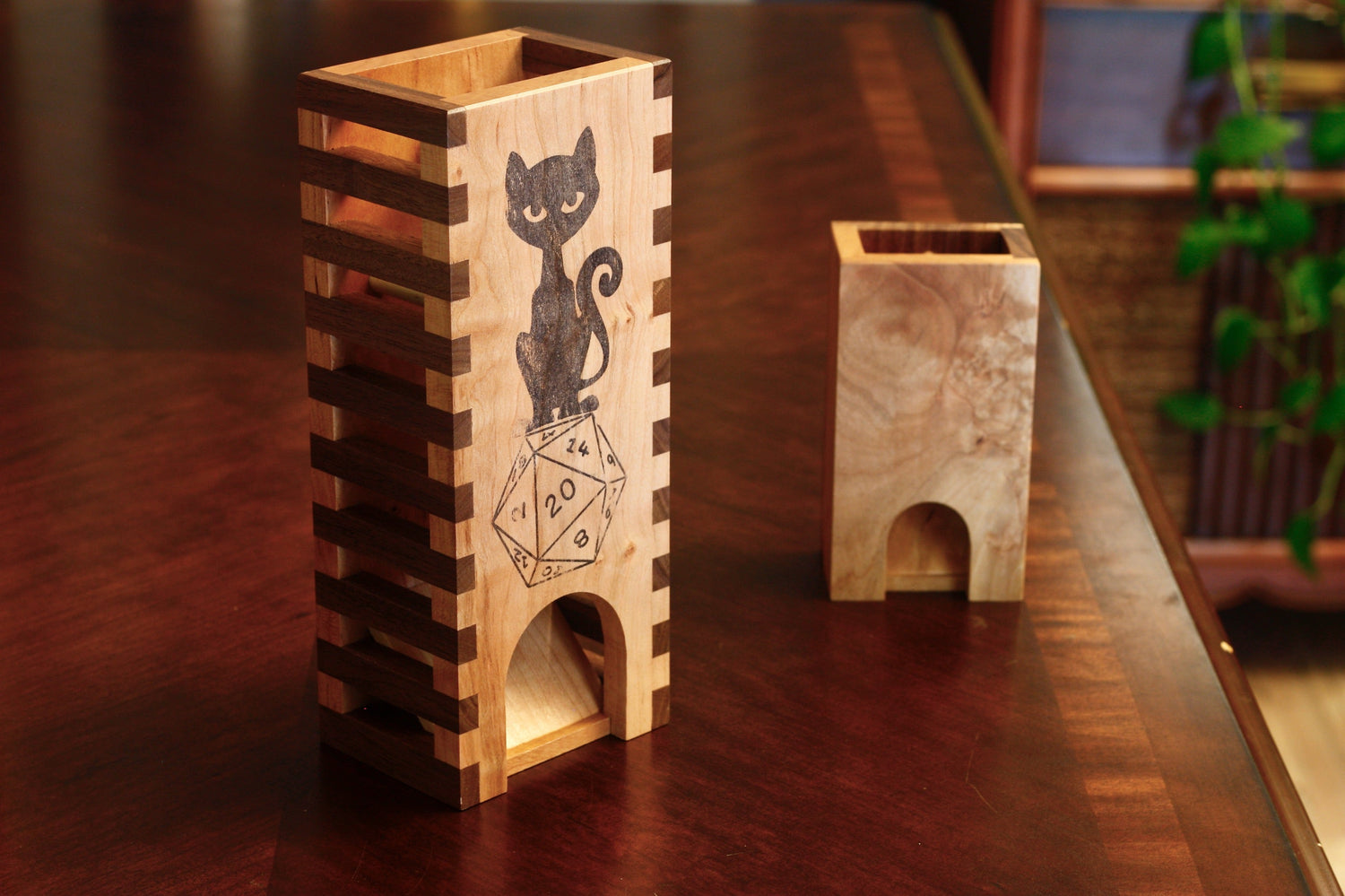 Large wood dice tower with cat and D20 dice design and small cherry dice tower