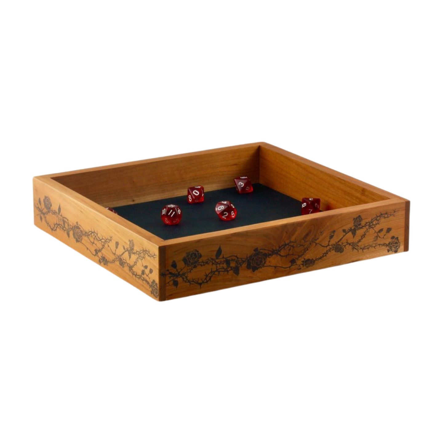 Large Wood Rose and Thorn Dice Tray with red dice and black leather rolling surface