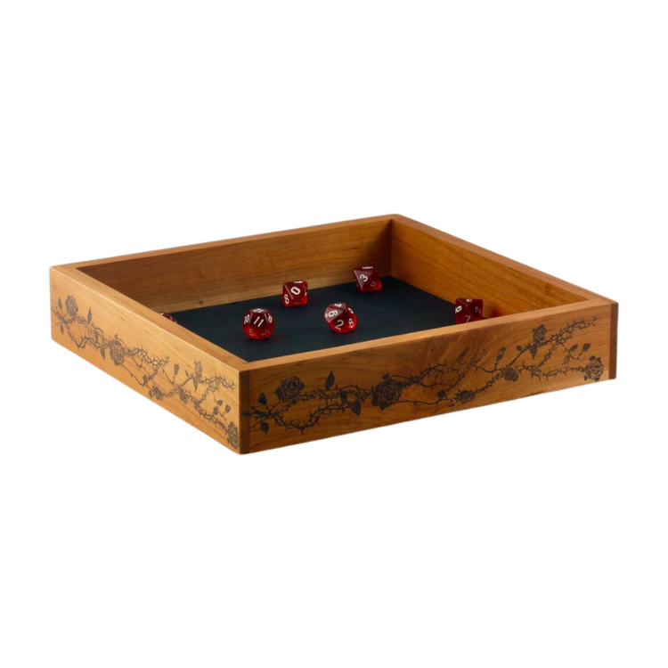 Large Wood Rose and Thorn Dice Tray with red dice and black leather rolling surface