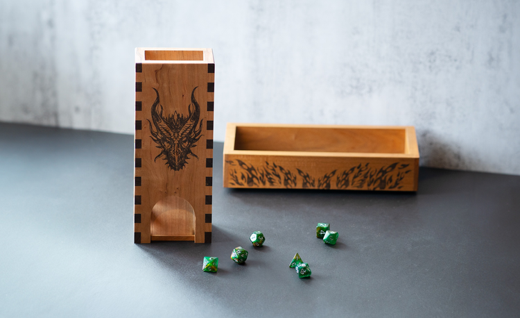 Wooden Dice Tower with Dragon Image and Slotted Sides for DnD - Dragon Armor Games