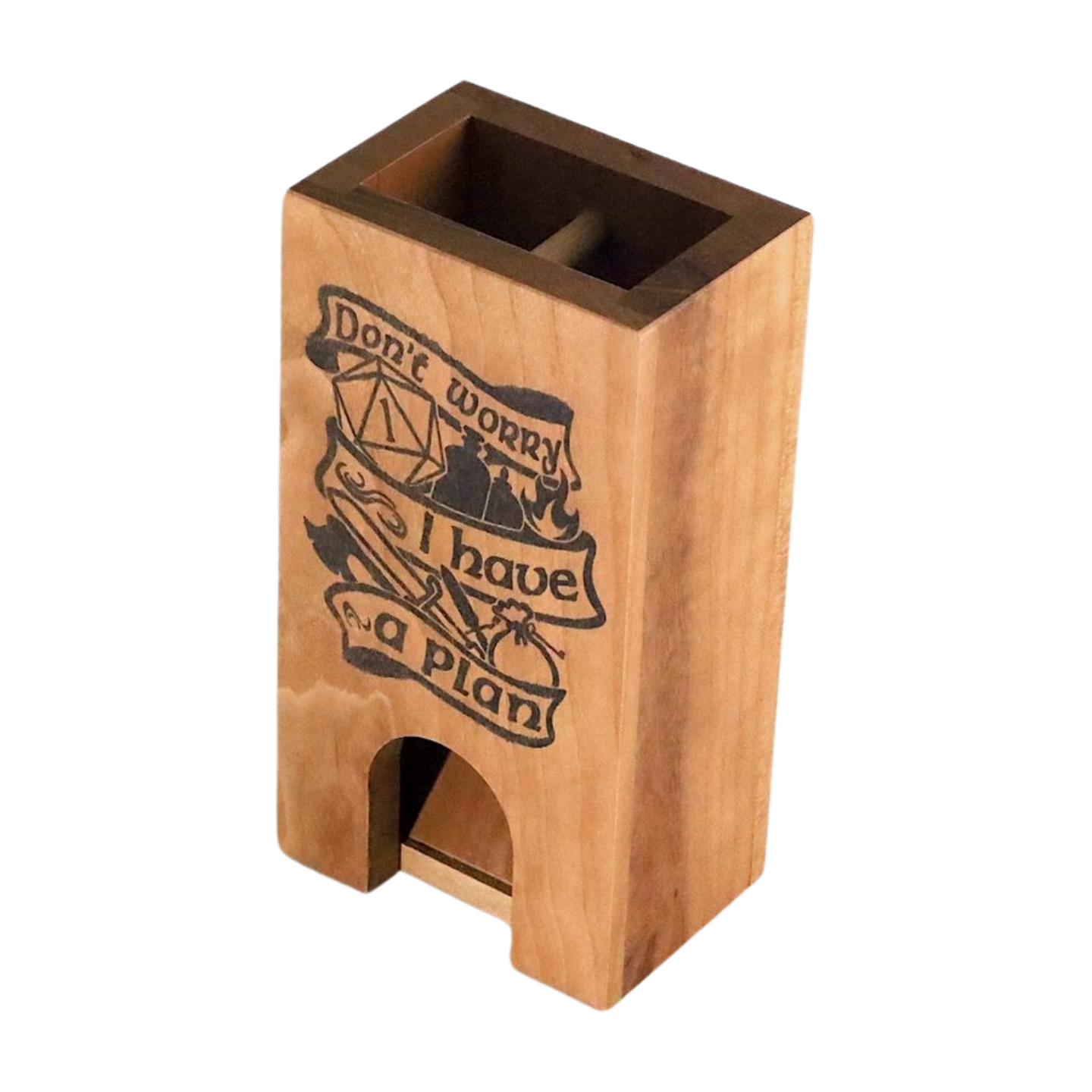 "Don't Worry I have a Plan" DnD Dice Tower Wood for Pathfinder, Shadowrun, TTRPG, D20 Dice Roller Gaming Setup, Dungeon Master Gift for Son - Dragon Armor Games