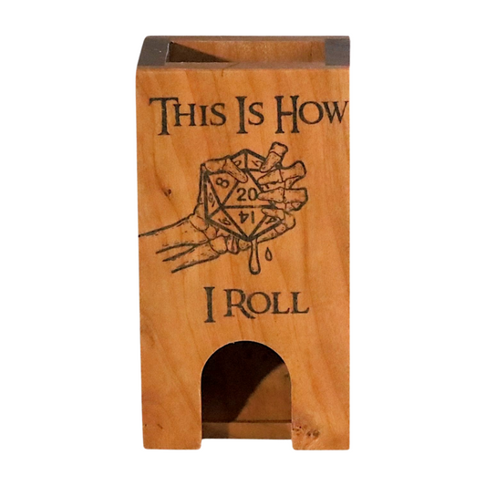 D20 DnD Dice Tower Wood, "This is How I Roll" Portable Dice Roller with 20-Sided Die for TTRPG gaming setup, DnD player gift for him - Dragon Armor Games