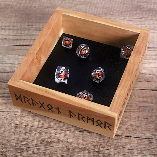 Norse Runes Wood Dice Tray for DnD, Pathfinder, Shadowrun, TTRPG Dice Rolling Tray with "Dragon Armor" Viking Runes, Gamer Gift for Him - Dragon Armor Games
