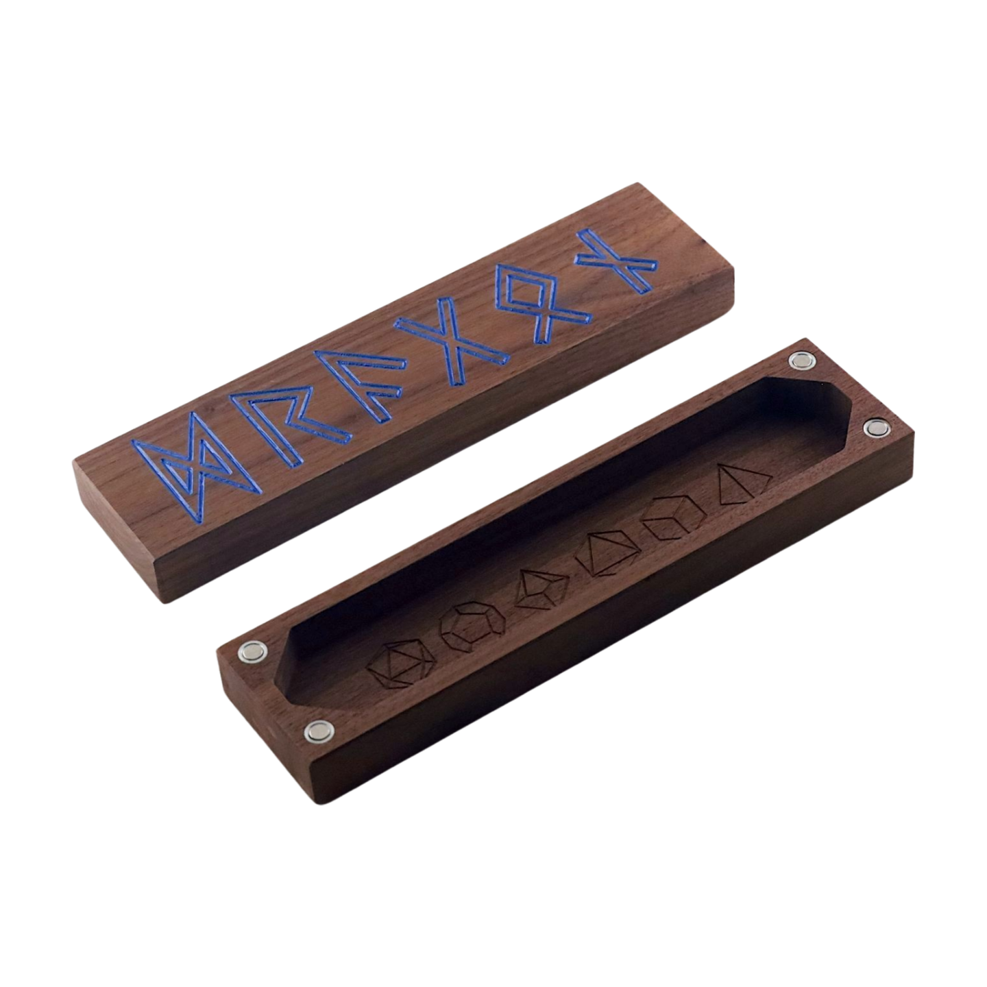 Wooden box with blue engraved runes and magnetic closure