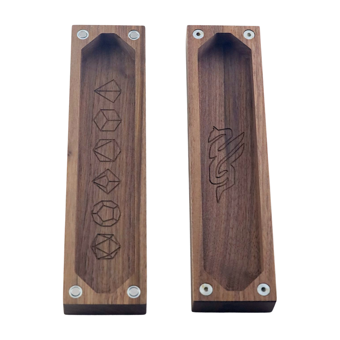 Inside of walnut dice case with magnetic closure and engraving