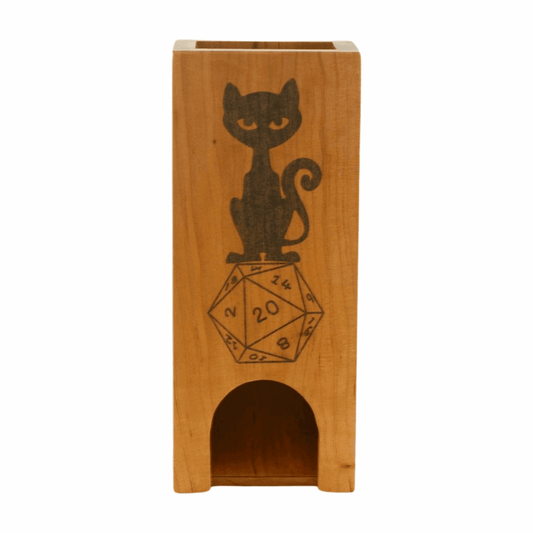 Cherry and Walnut Dice Tower with Cat D20 - Dragon Armor Games