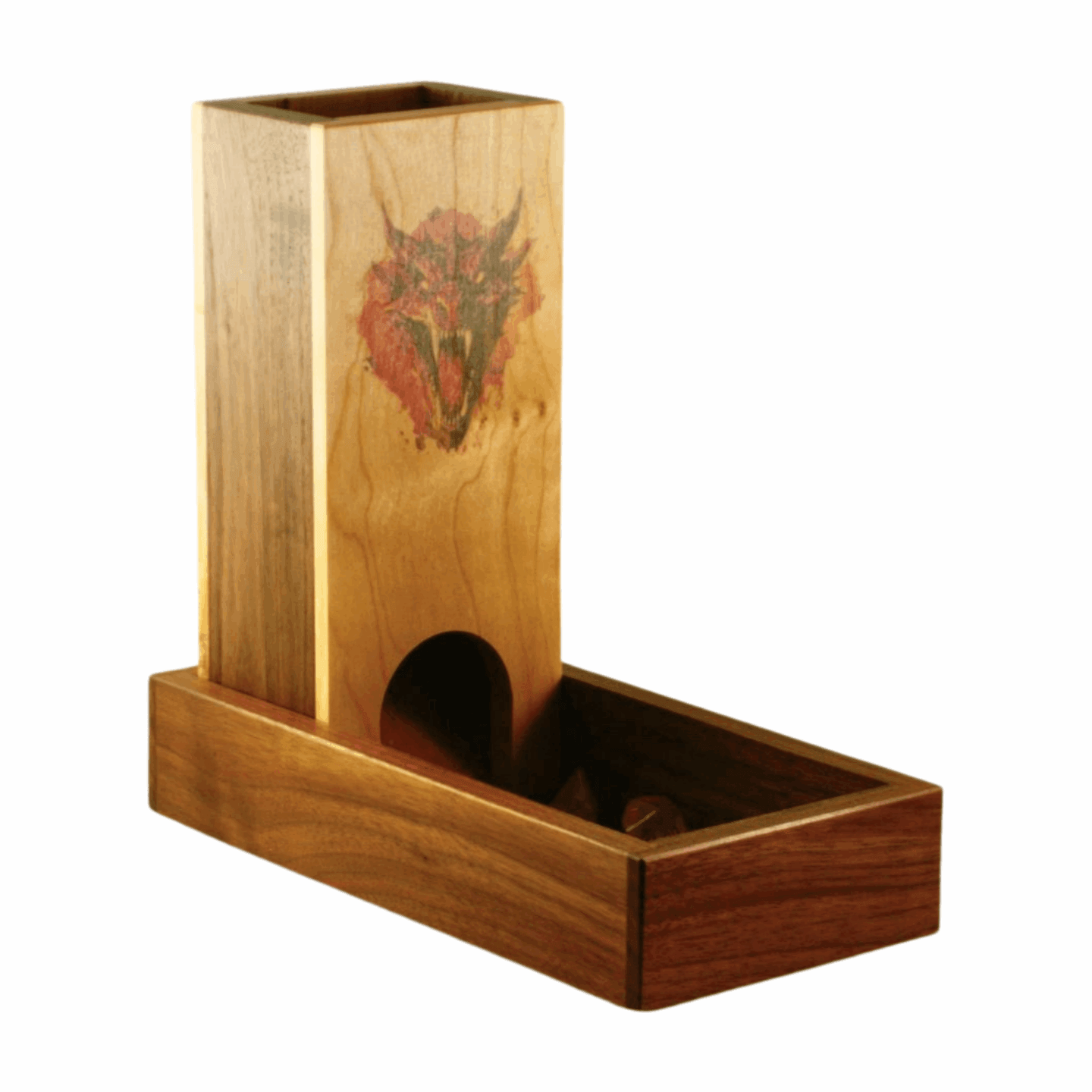 Cherry and Walnut Dice Tower with Red Dragon - Dragon Armor Games