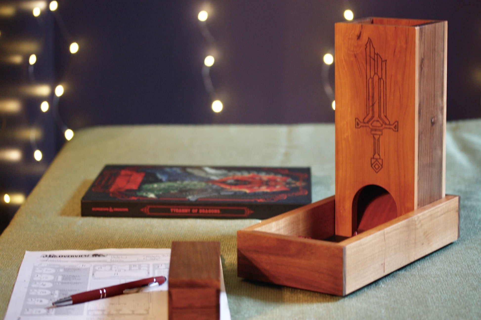 Cherry and Walnut Wooden Dice Tower With the Sword Design - Dragon Armor Games