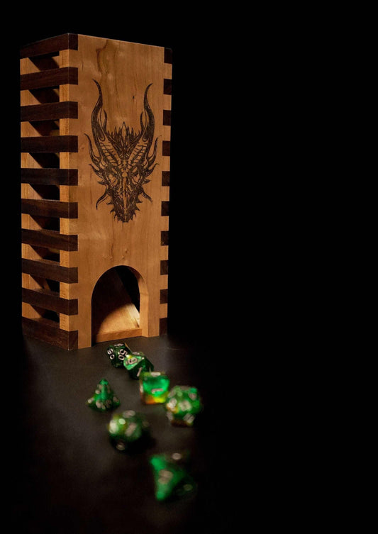 Cherry and Walnut Skeleton Design Dice Tower with Dragon - Dragon Armor Games