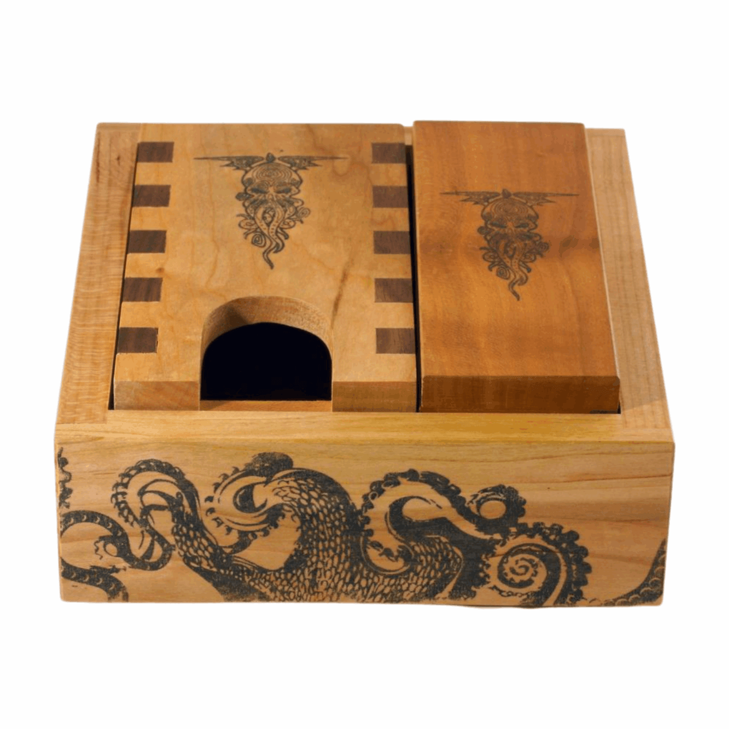 Cthulhu Box Joint Dice Tower and Dice Vault laying flat in tentacle dice tray