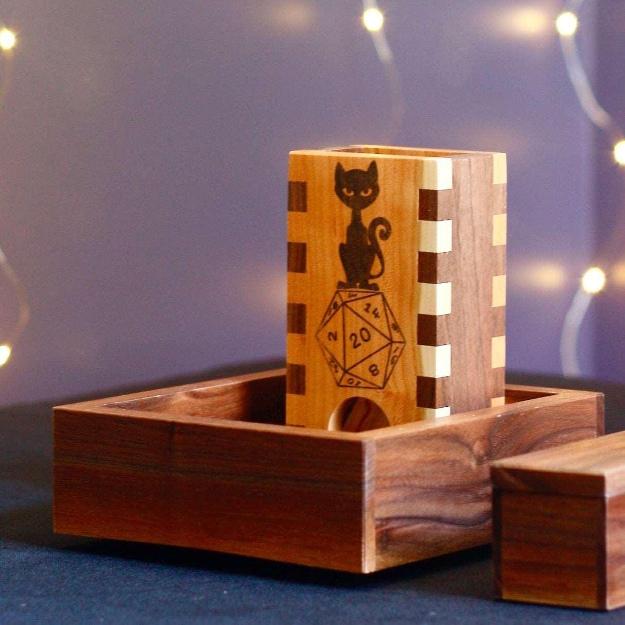 Black Cat D20 Cute Dice Tower Wood, Witchy Gift for Gamer Girl, Portable Wooden Dice Roller for DnD, Pathfinder, TTRPG, Cozy Gaming Setup- Dragon Armor Games