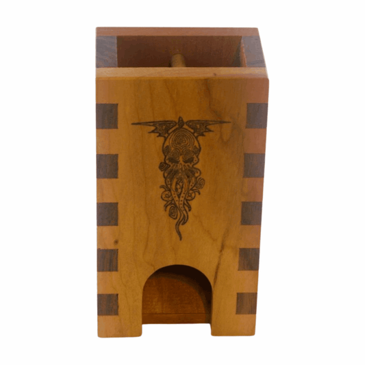 Small Cherry and Walnut Box Joint Dice Tower with Cthulhu - Dragon Armor Games
