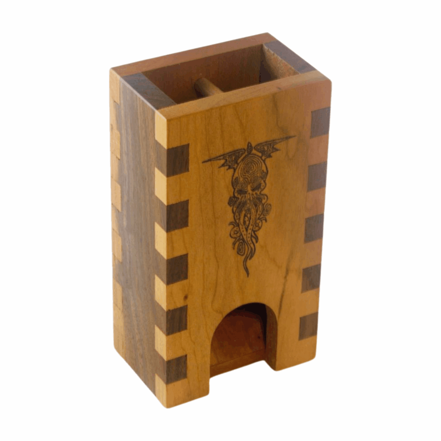 Small Cherry and Walnut Box Joint Dice Tower with Cthulhu - Dragon Armor Games