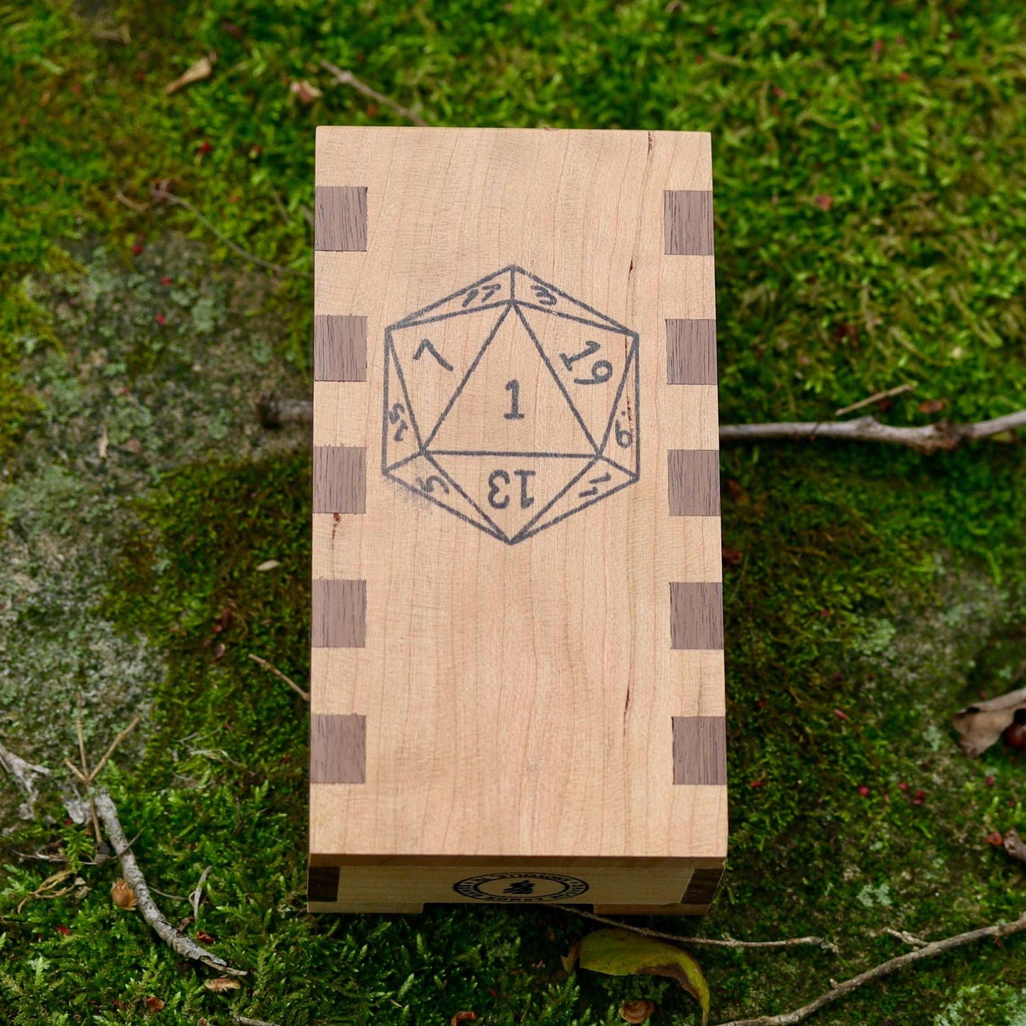 Small Cherry and Walnut Box Joint Dice Tower with D20 - Dragon Armor Games