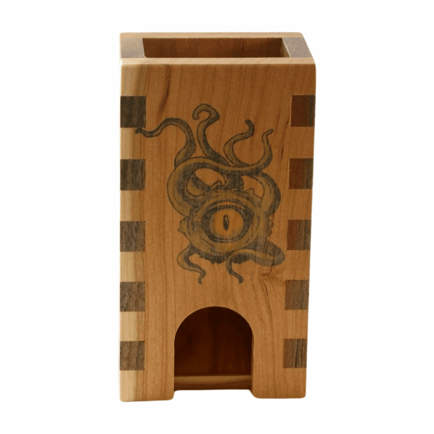Small Cherry and Walnut Box Joint Dice Tower with Green Cthulhu - Dragon Armor Games