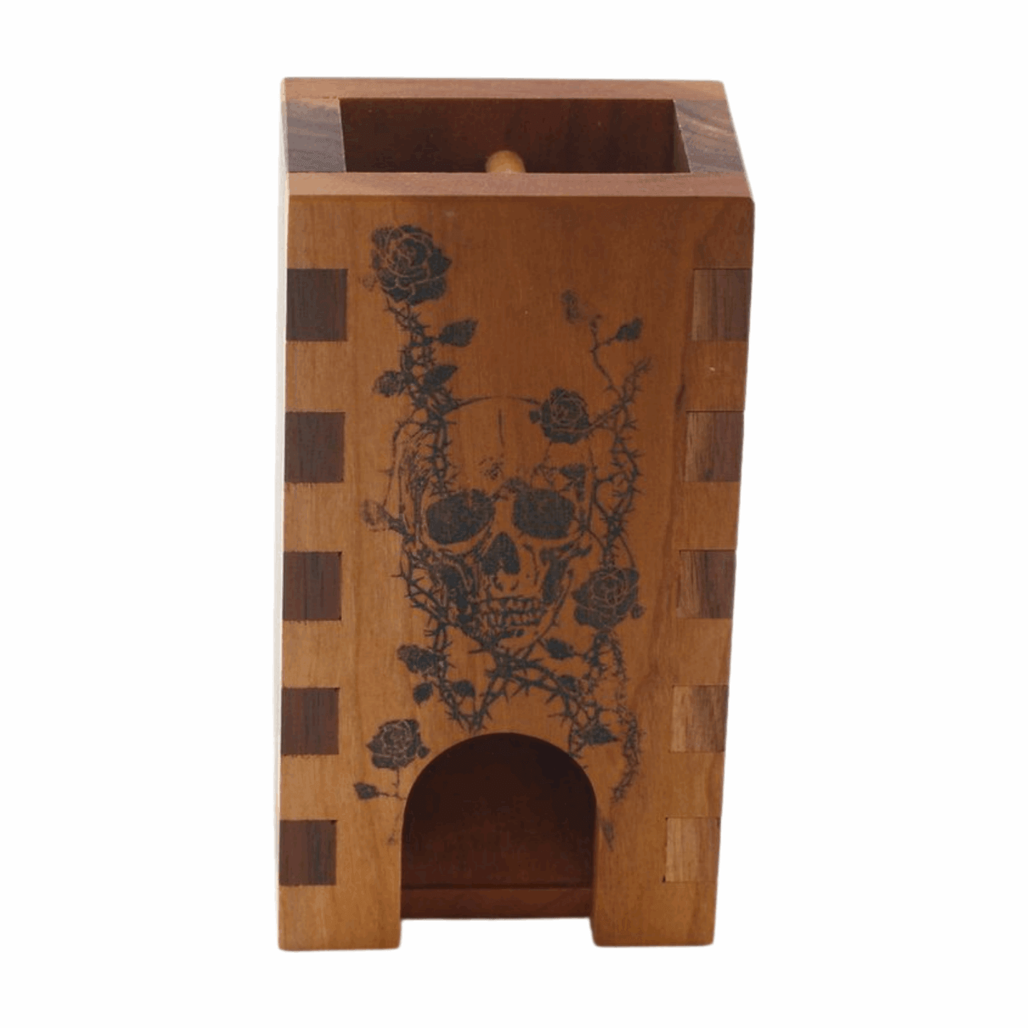 Small Cherry and Walnut Box Joint Dice Tower with Skull and Roses - Dragon Armor Games
