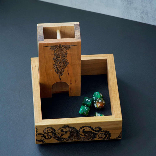 Small Cherry and Walnut Wooden Dice Tower With Cthulhu - Dragon Armor Games