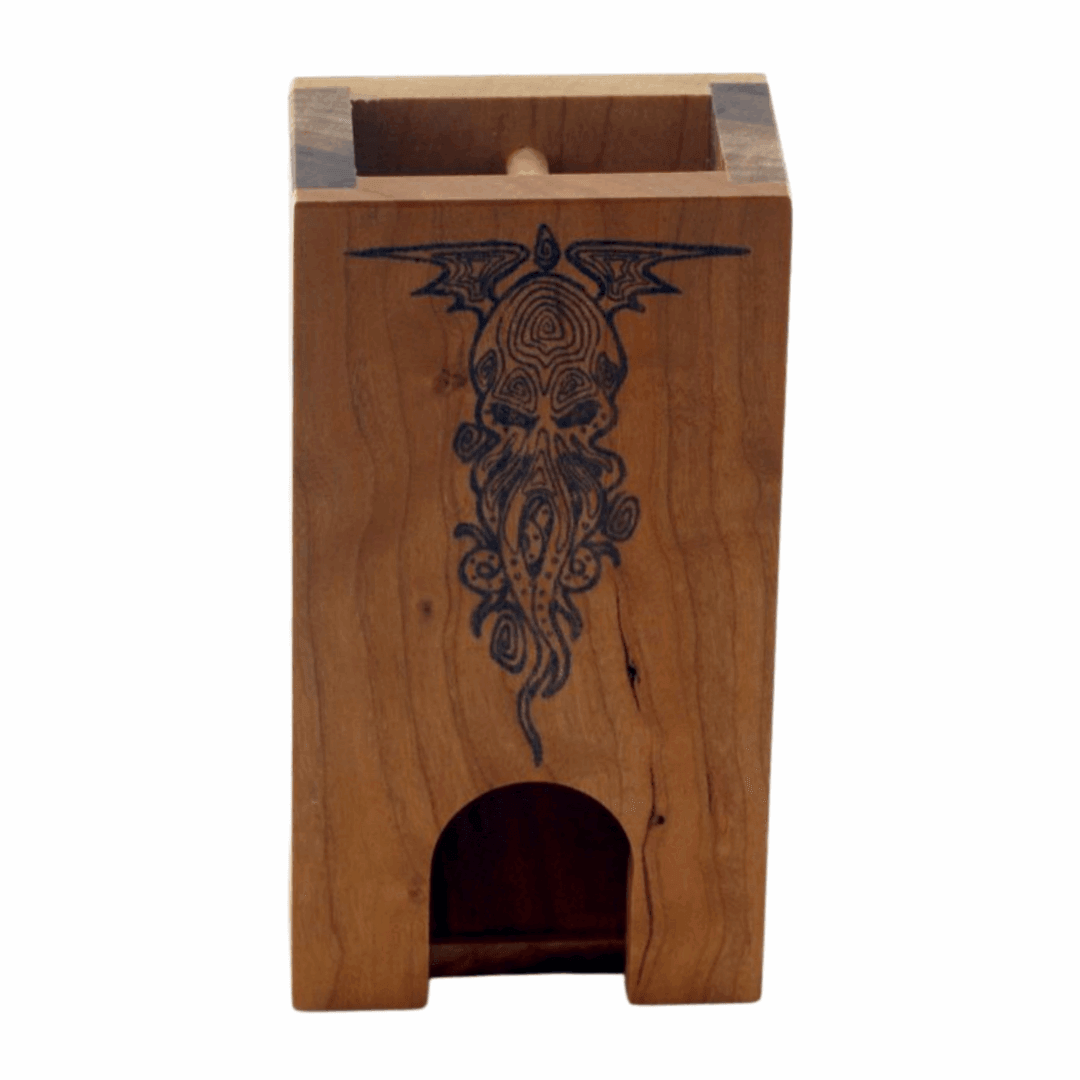 Small Cherry and Walnut Wooden Dice Tower With Cthulhu - Dragon Armor Games