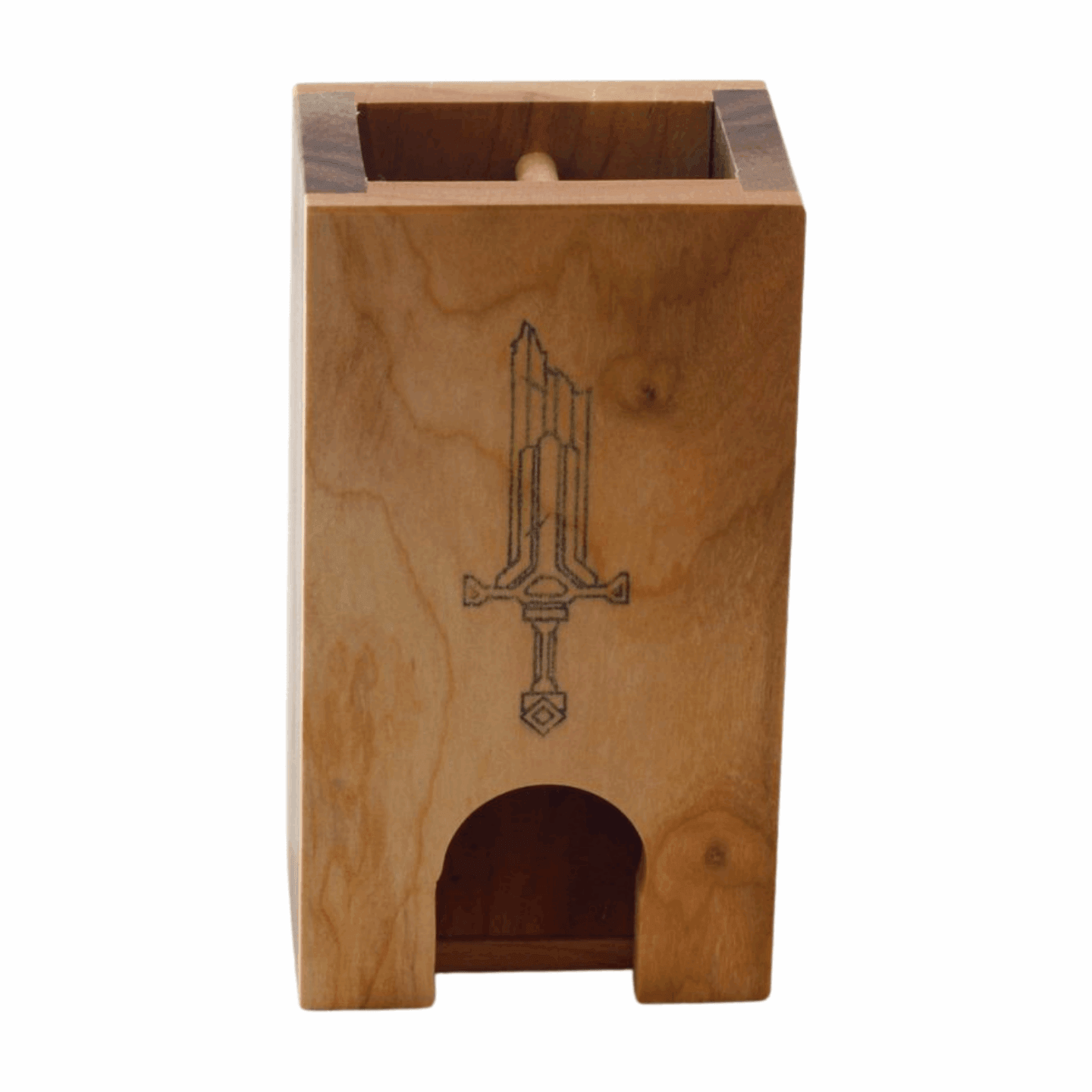 Small Cherry and Walnut Dice Tower with Sword - Dragon Armor Games