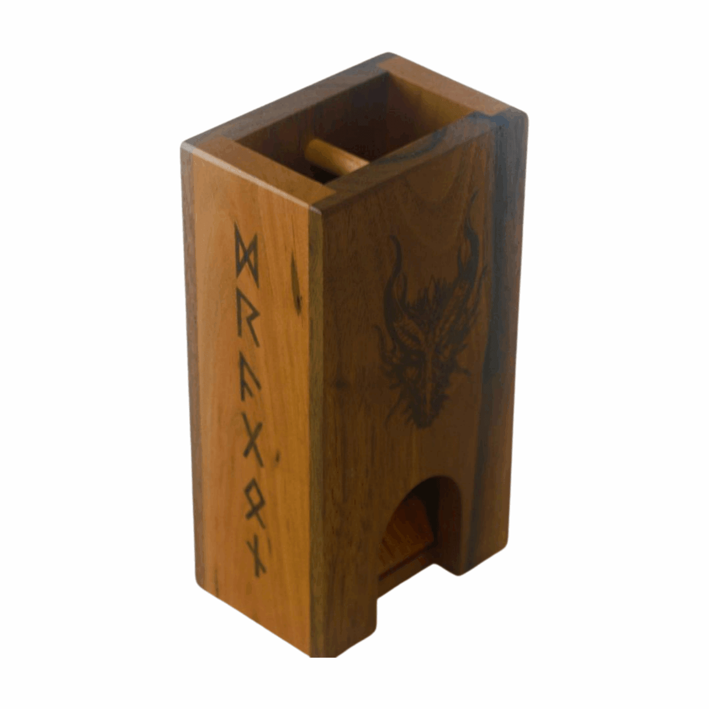 Small Walnut and Cherry Dice Tower with Dragon and Runes - Dragon Armor Games