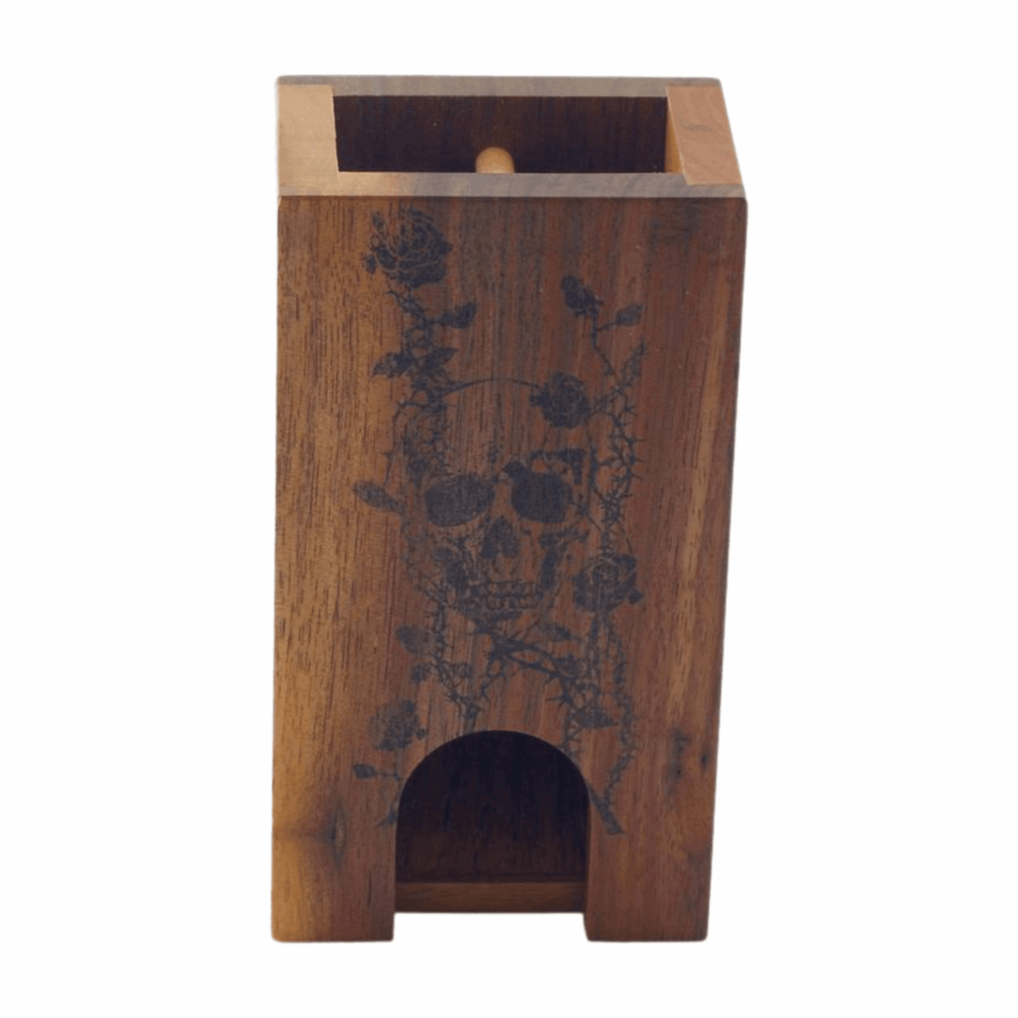 Small Walnut and Cherry Dice Tower with Skull and Roses Design - Dragon Armor Games