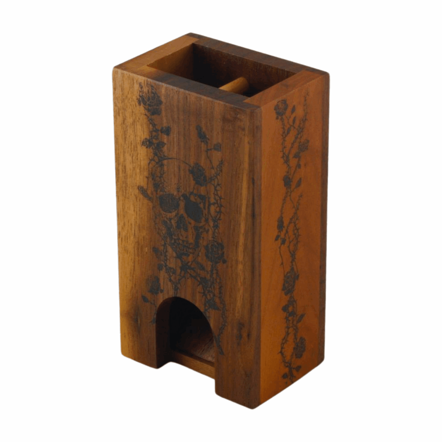 Small Walnut and Cherry Dice Tower with Skull and Roses Design - Dragon Armor Games
