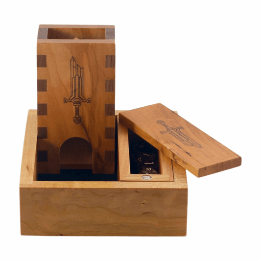 Broken Sword 3-piece DnD Gaming Setup: Wood Dice Tower and Tray, Dice Vault, Fantasy TTRPG Accessories for Dungeon Master, Paladin, Fighter - Dragon Armor Games