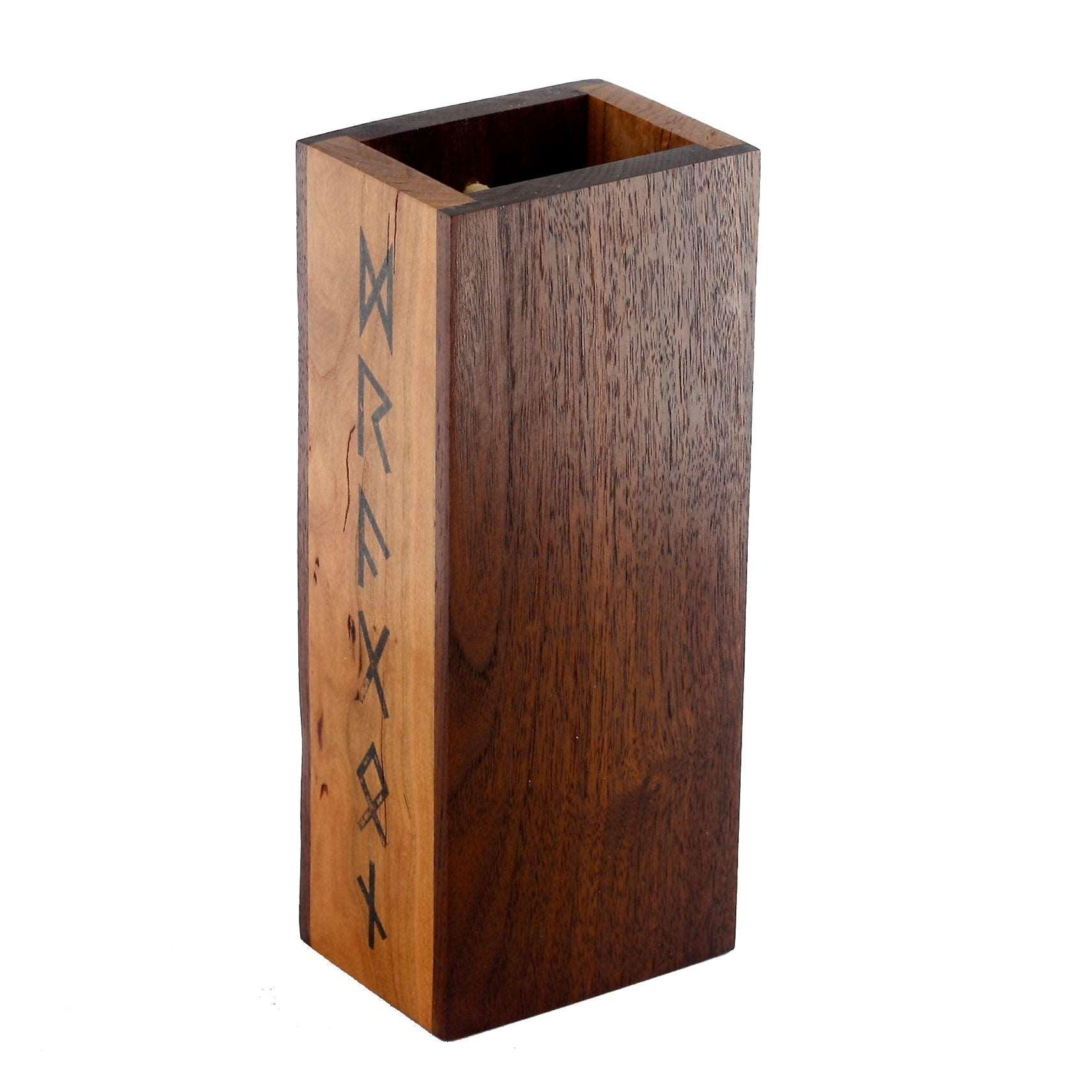 Premium hardwood dice tower made from walnut and cherry featuring runes down the side.