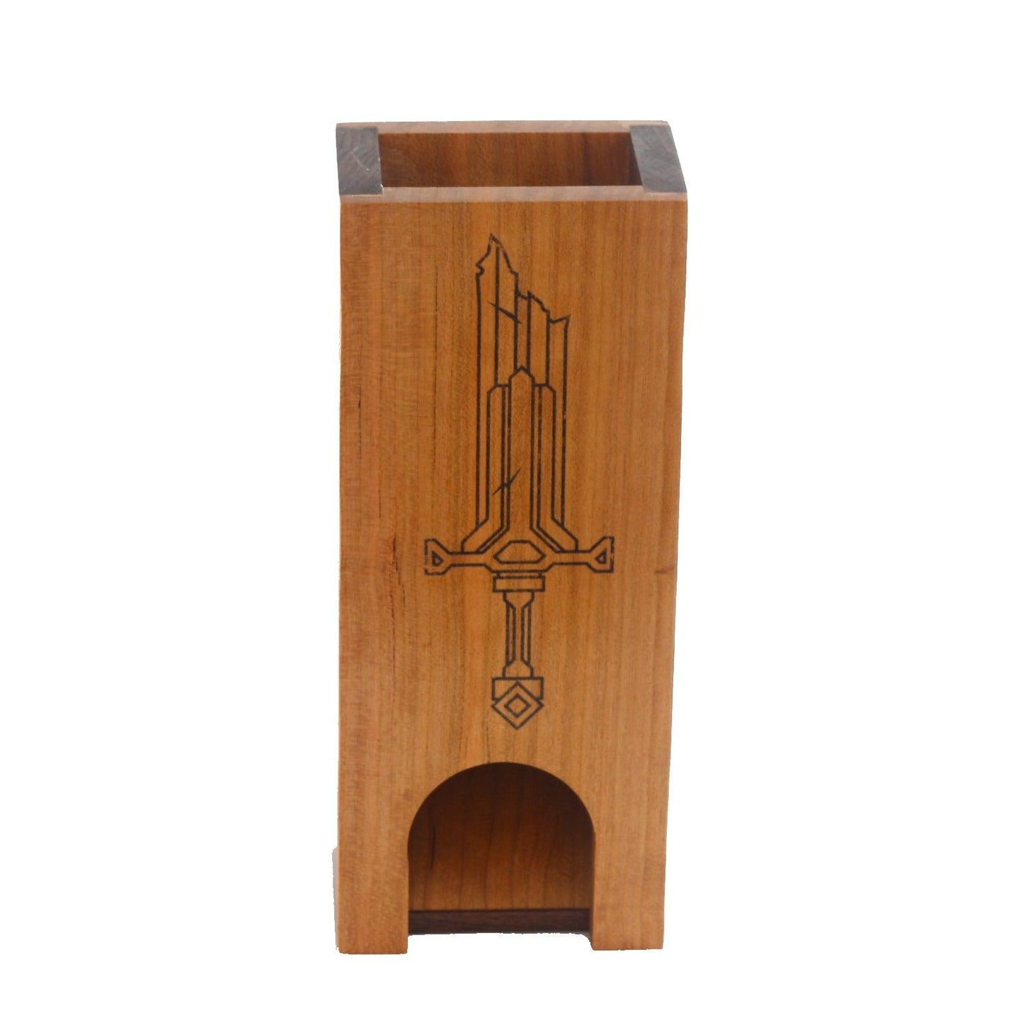 Premium hardwood dice tower made from cherry and walnut with our sword design on the front.  The front and back are made from cherry and the sides are walnut.