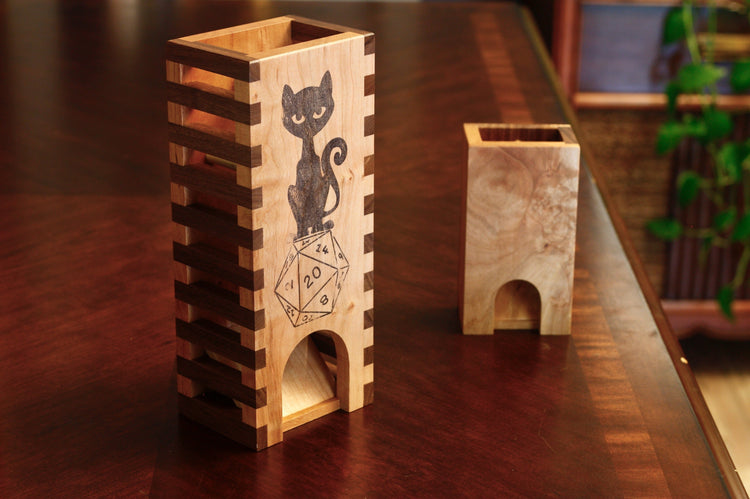 Large wood dice tower with cat and D20 dice design and small cherry dice tower