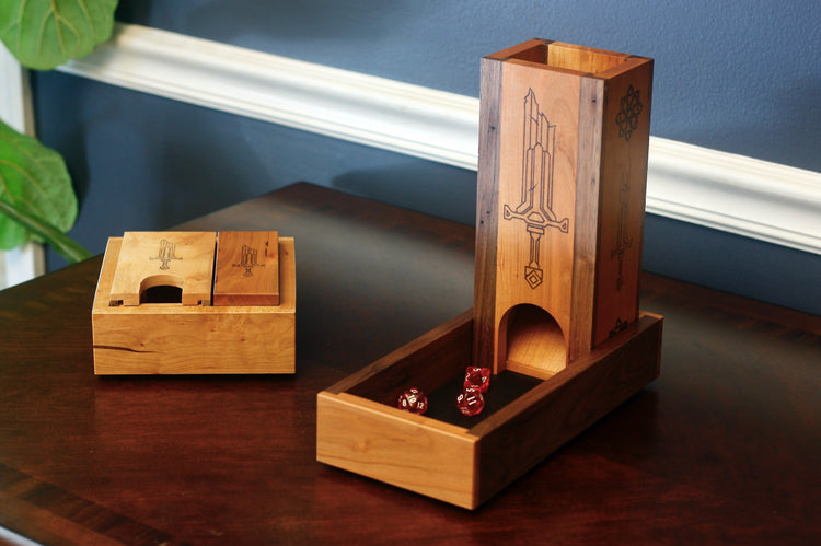 A small gamer set and a large wood dice tower in tray for DnD and Tabletop Gaming