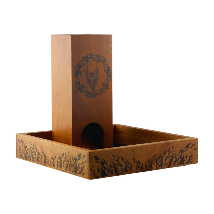 Wooden dice tower with image of dragon encircled in flames in large wood dice tray