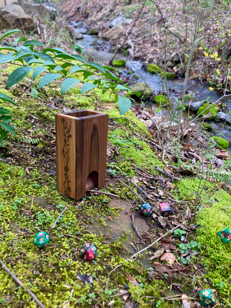 Small Walnut and Cherry Dice Tower with Rose Design - Dragon Armor Games