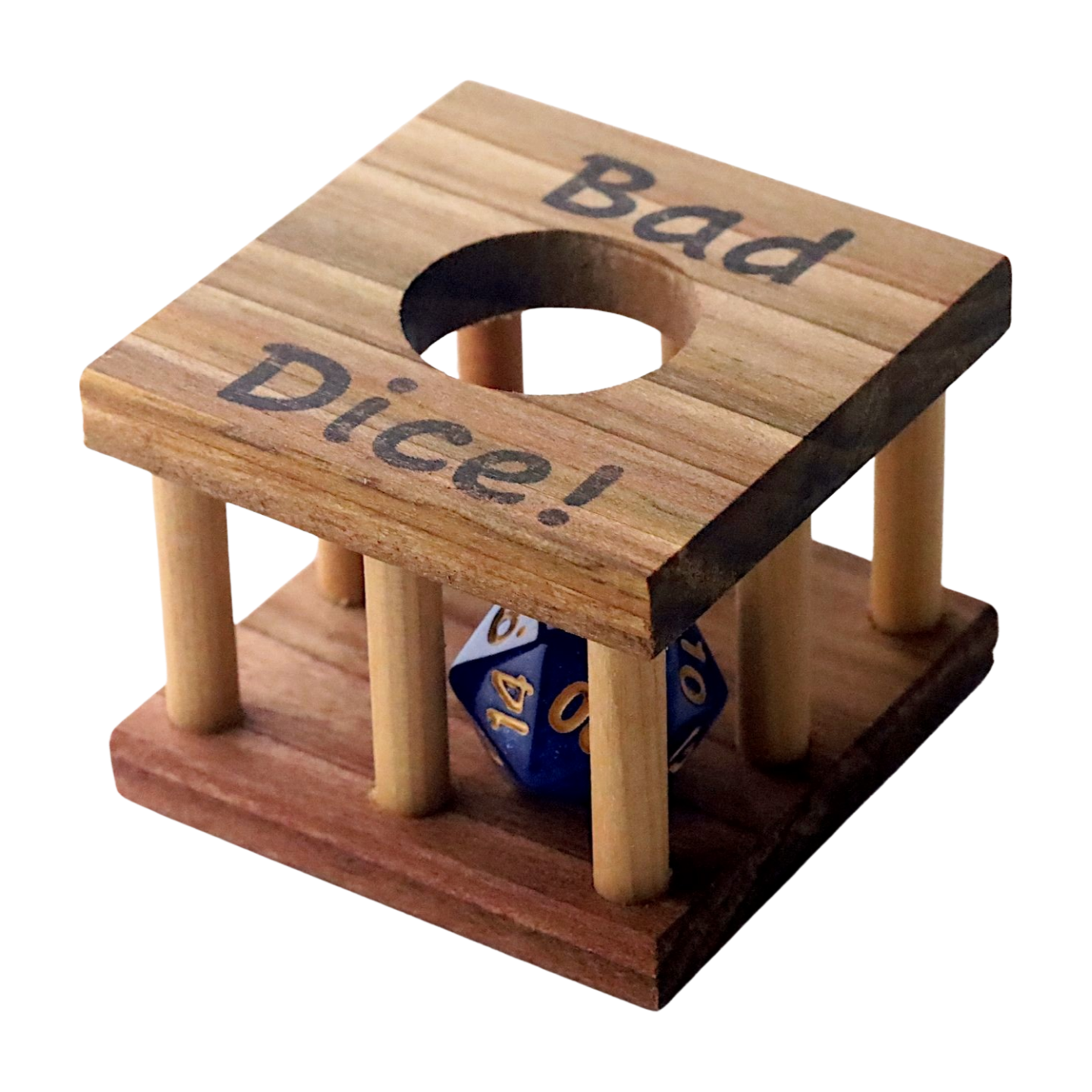 Poplar dice jail with 'Bad Dice!' text and a blue dice inside on a white background