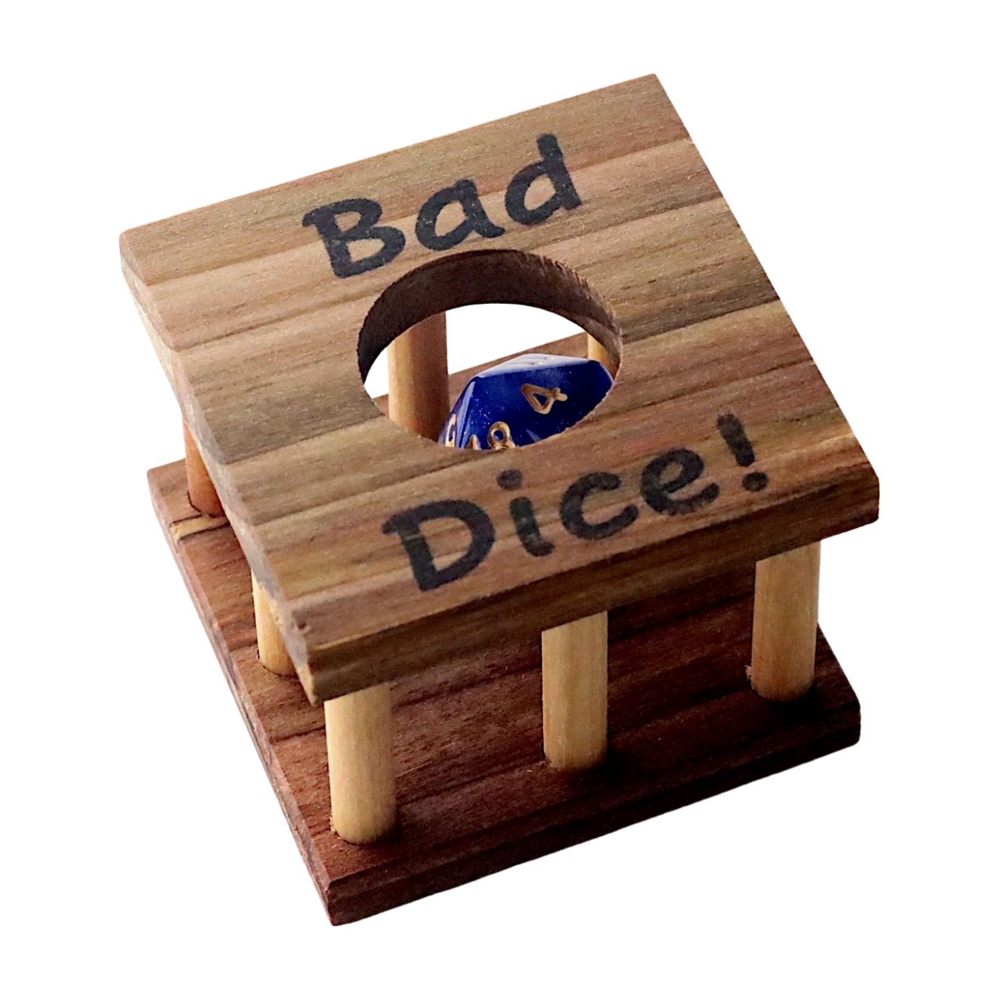 Wooden dice cup with 'Bad Dice!' text and a blue die inside on a white background