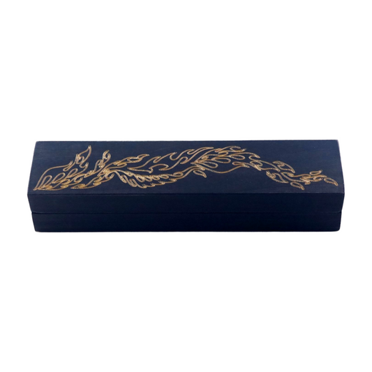 Black-dyed dice box with engraved flames exposing natural wood