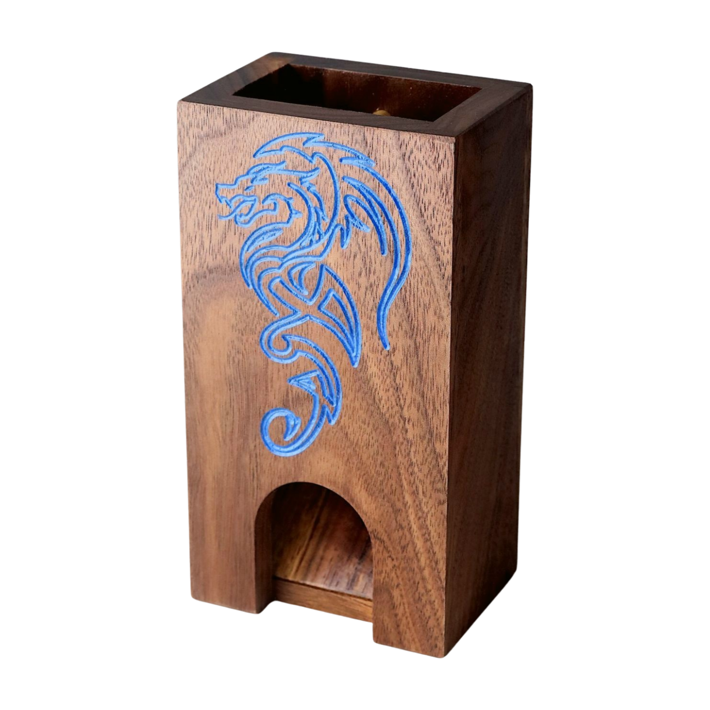 Wooden Dice Tower with Blue Dragon Design on a White Background