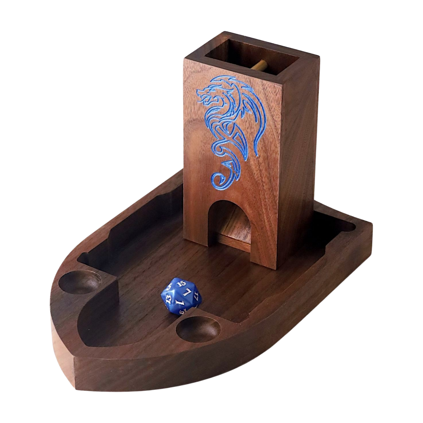 Wooden dice tray and tower with dragon design and blue die on a white background
