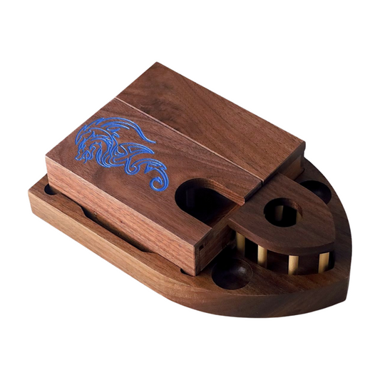 Wooden dice tray, vault, jail, and tower with dragon design on a white background