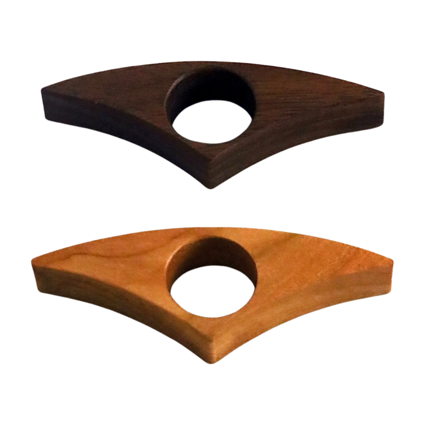 Two wooden book page holders with a central circular hole on a white background