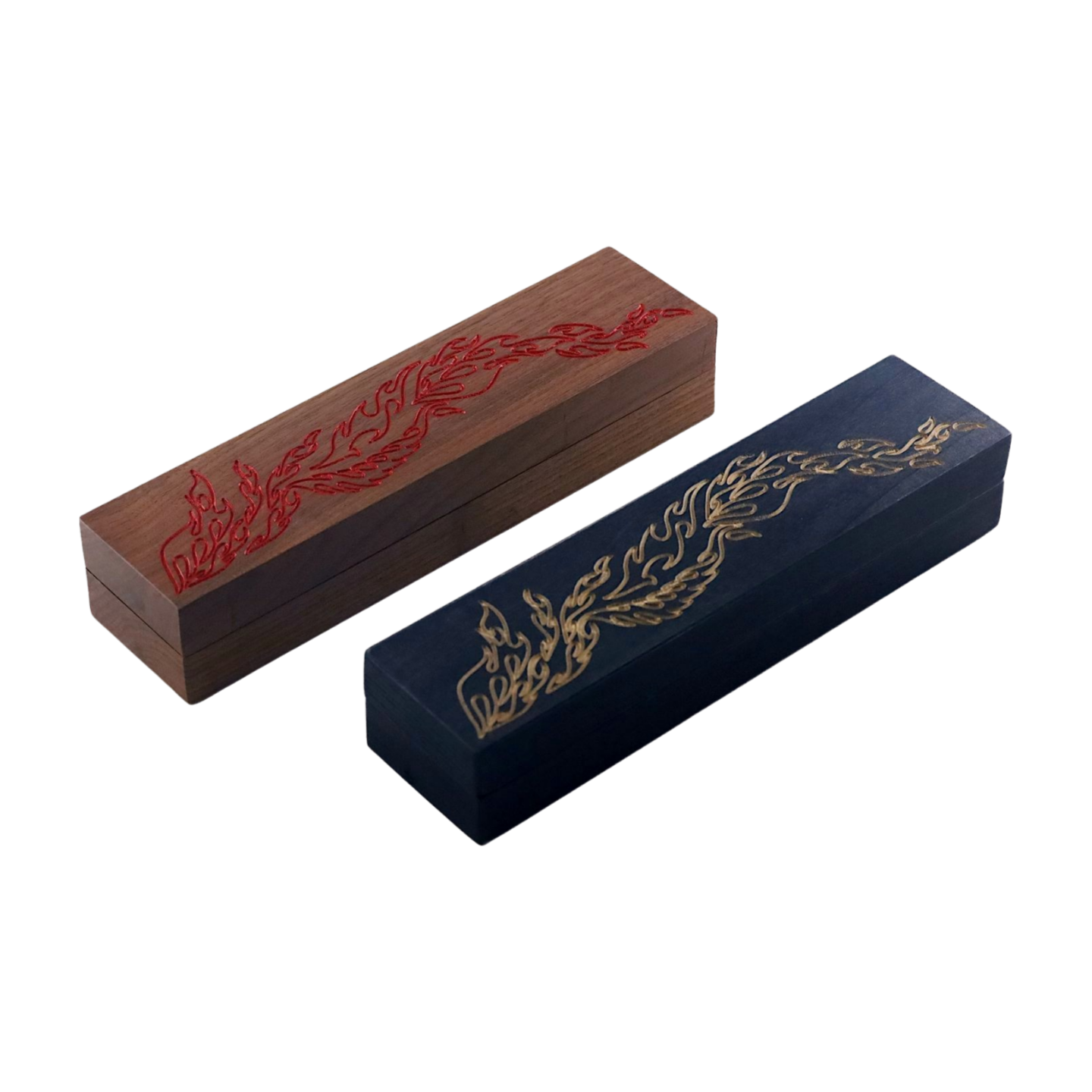 Two wooden dice vaults with engraved flame designs