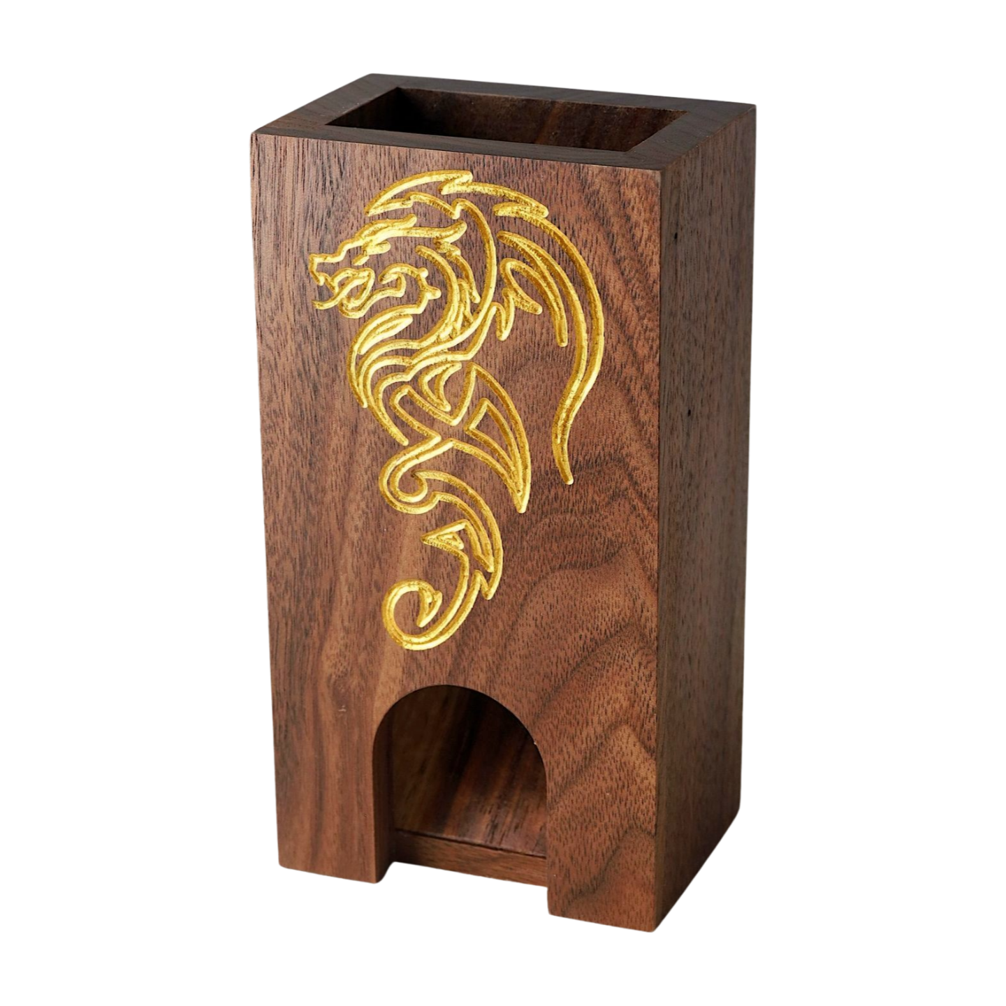 Wooden Dice Tower with Gold Dragon Design