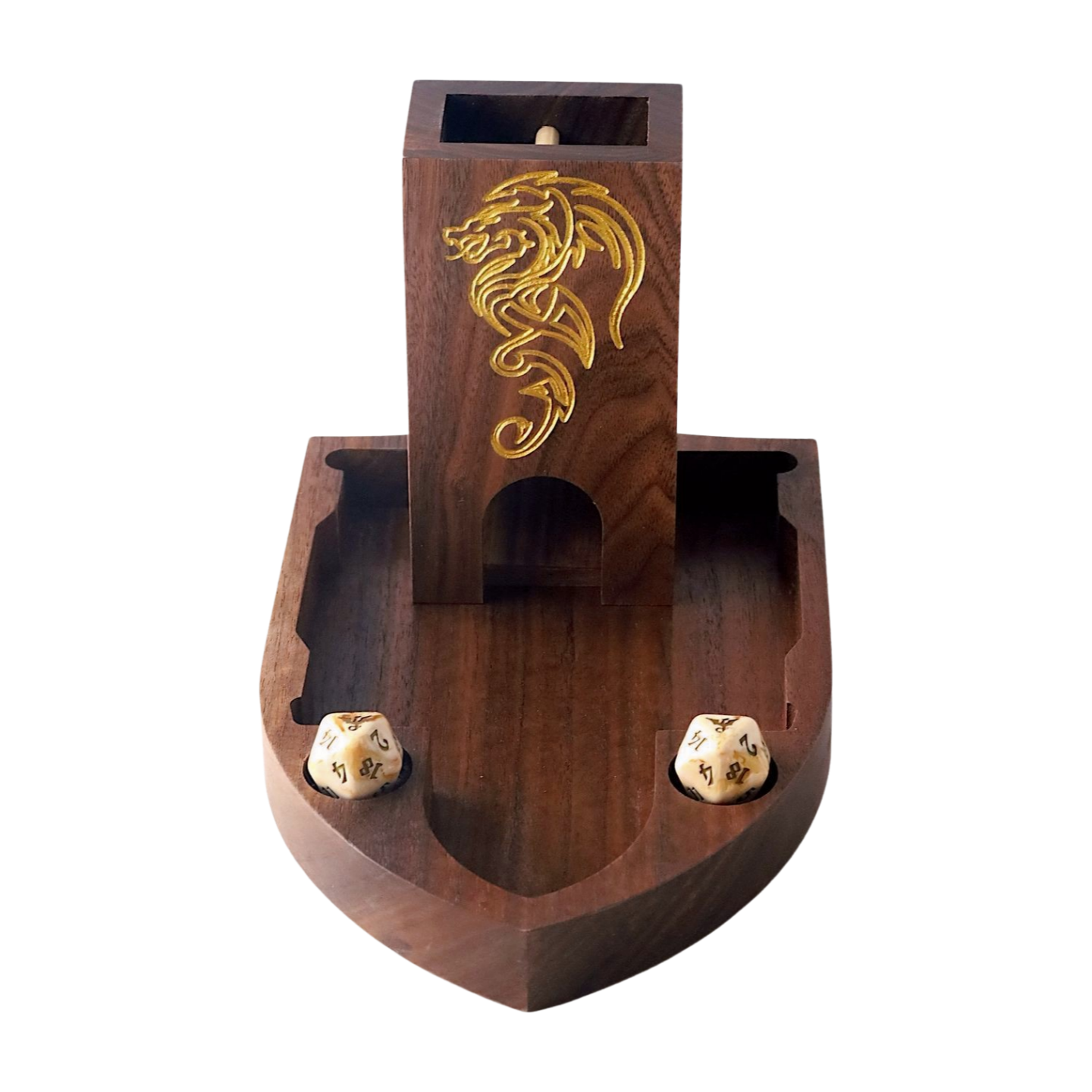 Wooden dice tray and tower with gold dragon design on a white background