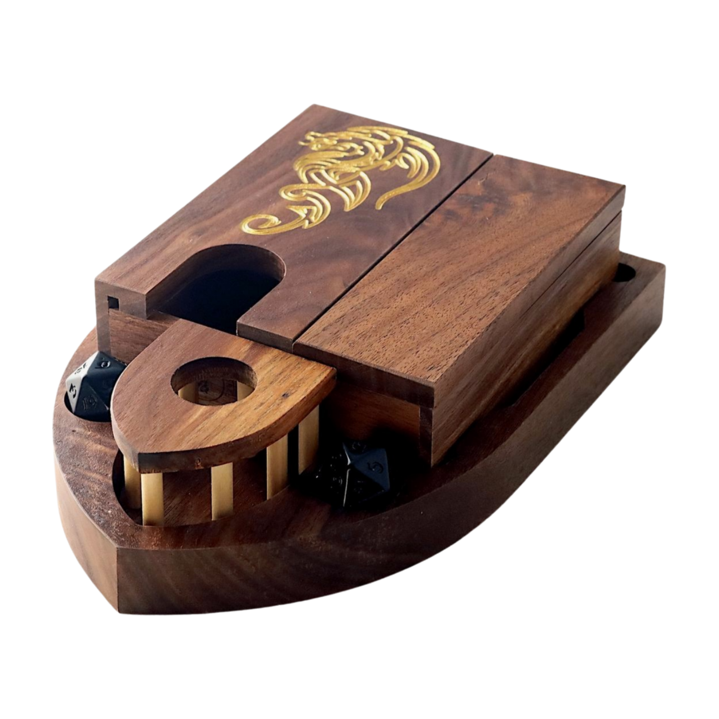 Wooden dice tray, vault, jail, and tower with dragon design on a white background