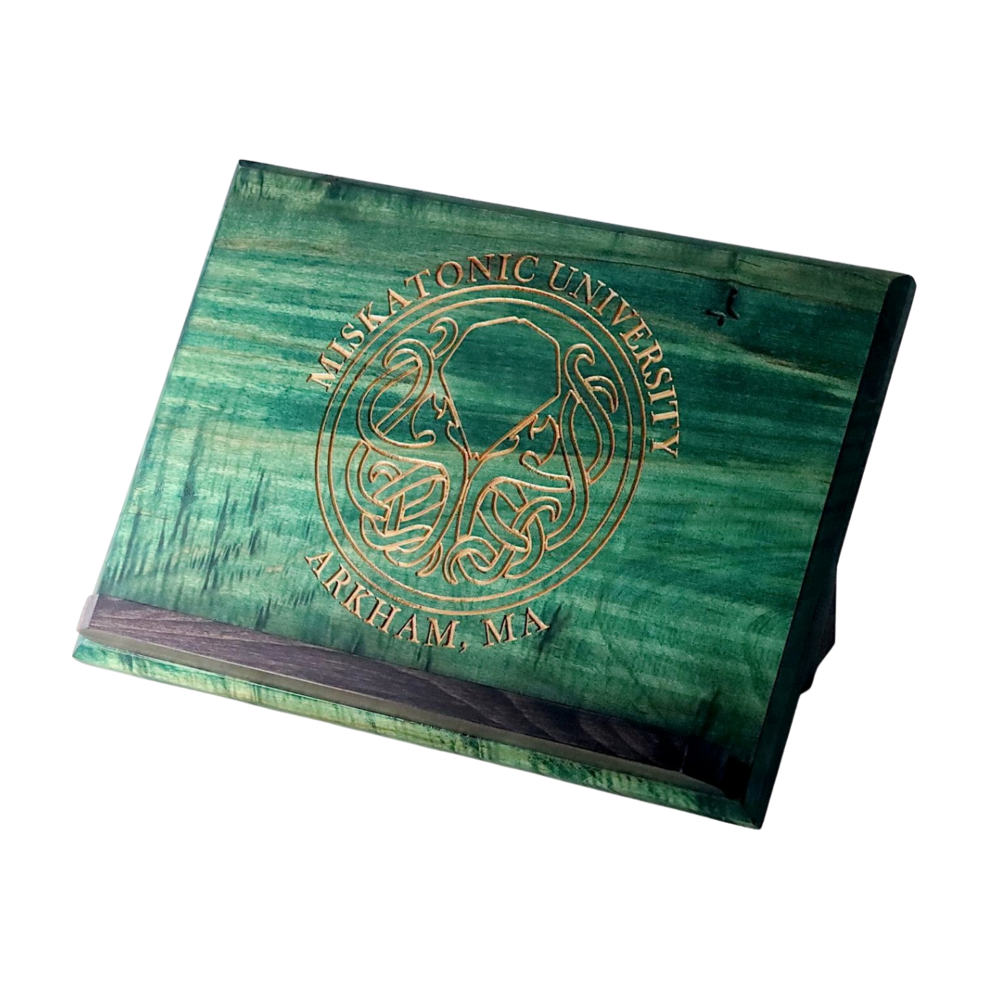 Green Wooden Book Stand with Cthulhu Engraving on White Background