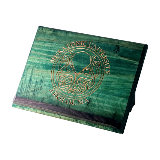 Green Wooden Book Stand with Cthulhu Engraving on White Background