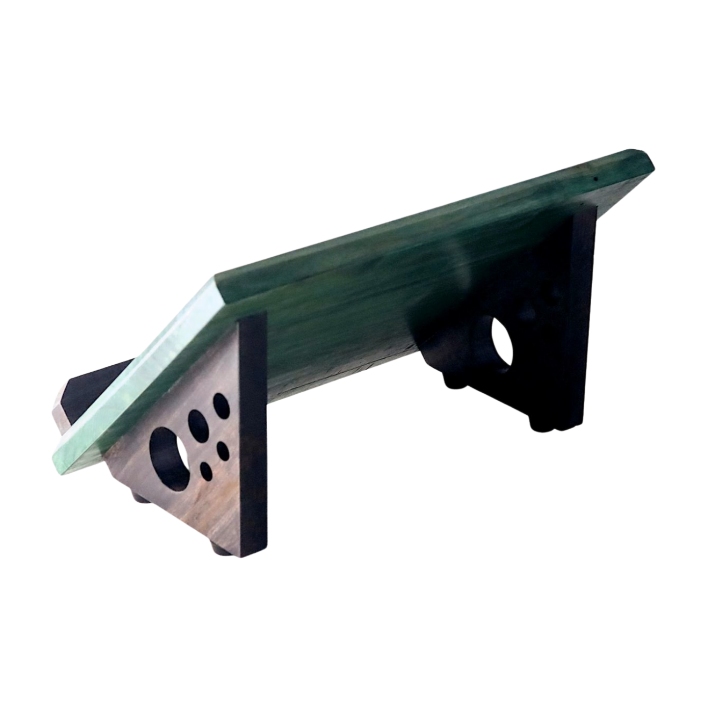 Green Wooden Book Stand with Cthulhu Engraving on White Background