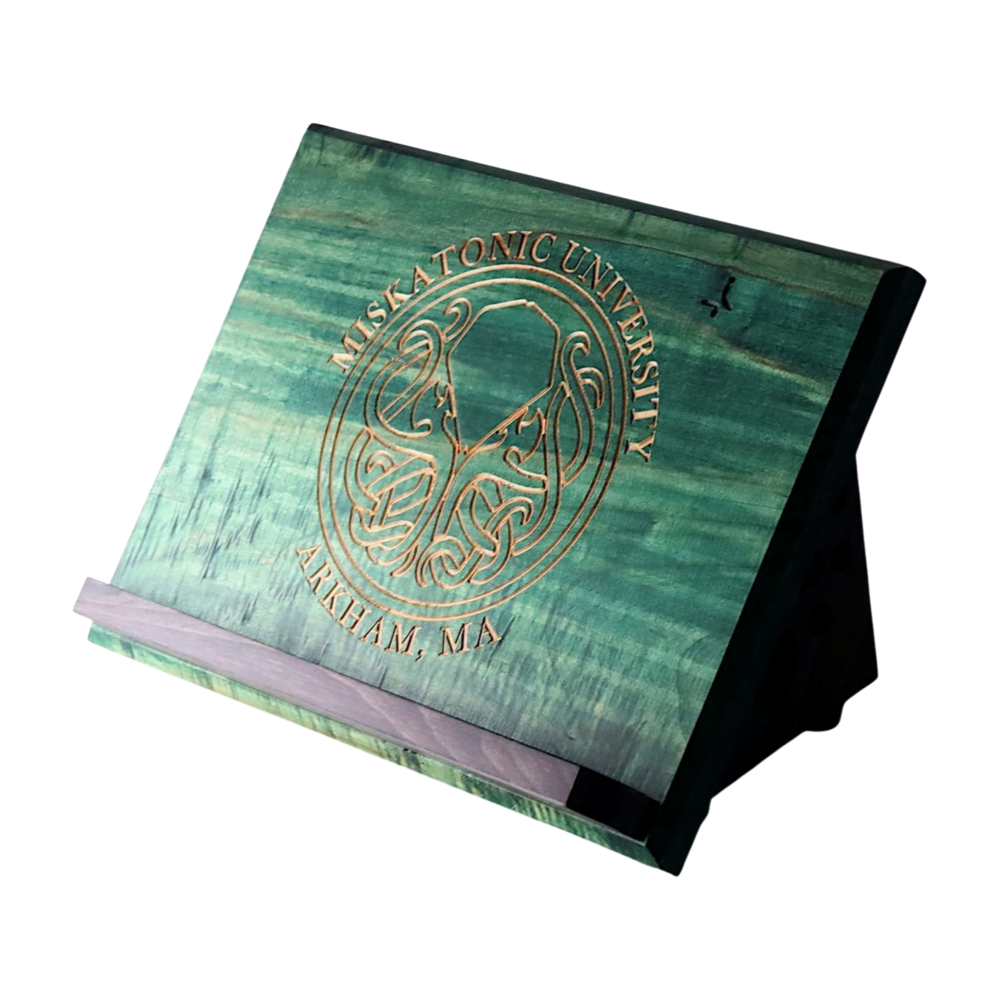 Green Wooden Book Stand with Cthulhu Engraving on White Background