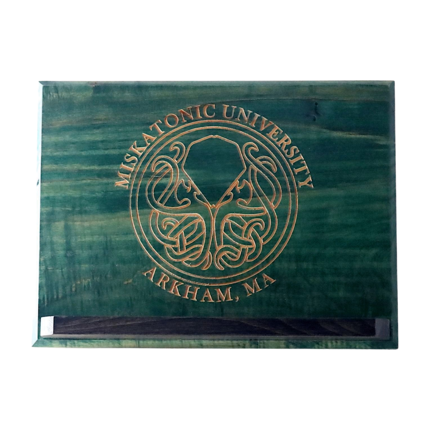 Green Wooden Book Stand with Cthulhu Engraving on White Background