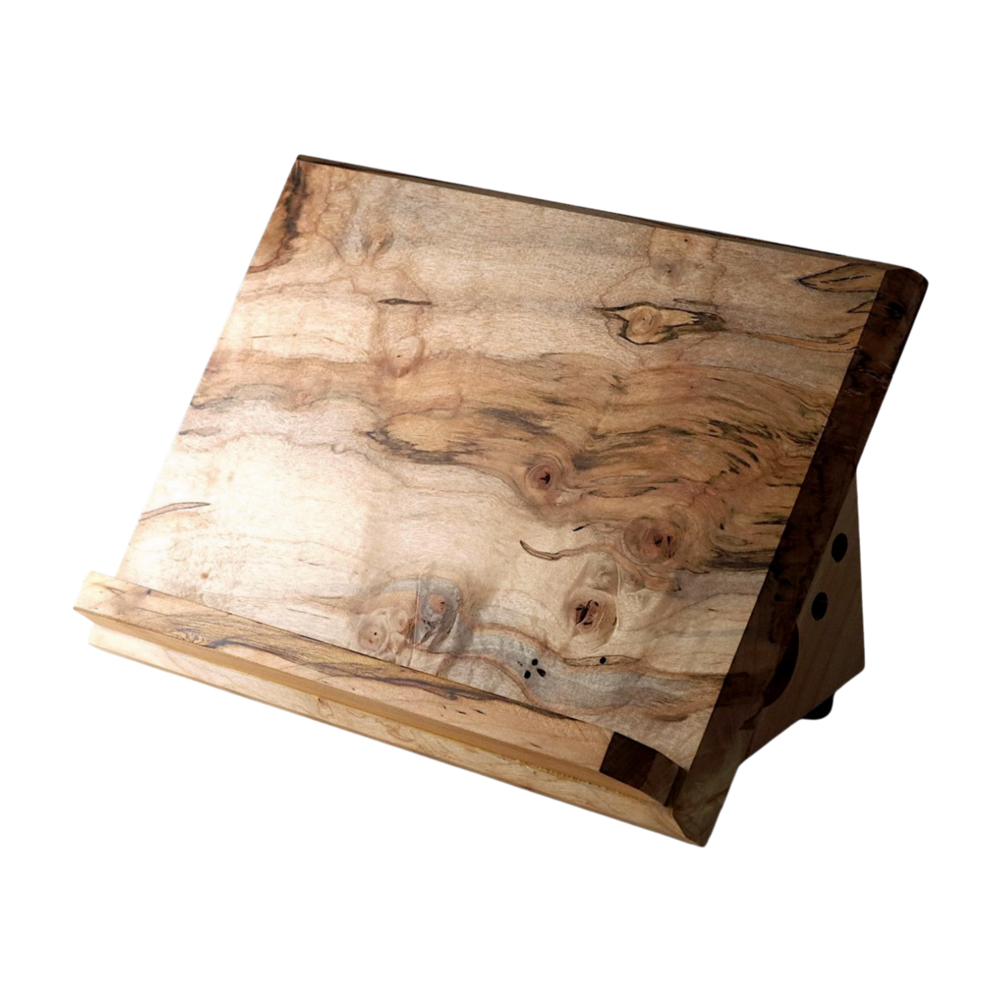 Wooden book stand with a natural grain pattern on a white background